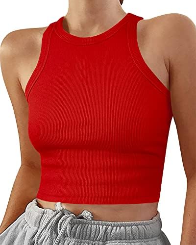 CLOZOZ Womens Tank Tops Round Neck Ribbed Sleeveless Crop Tops for Women High Neck Basic Crop Tank Top Red