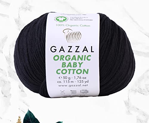 3 Ball (Pack) Gazzal Organic Baby Cotton Yarn, Total 5.28 Oz.100% Organic Cotton, Each 1.76 Oz (50G) / 125 Yrds (115 M), 3 Light Dk, Global Organic Textile Standard Certified (Black - 430, 3 Pack) #TOP16