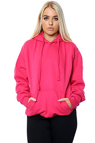 imporio 11 Women Ladies Oversized Pullover Plain Hoodie Top With Out Zip Hoodies Sweatshirt Top Jumper UK 10-18 (Fuchsia, MEDIUM UK 12-14)