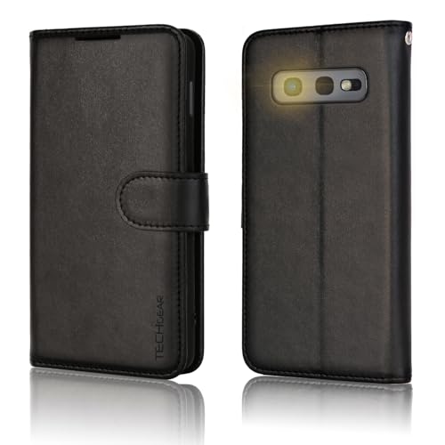 TECHGEAR Galaxy S10 Leather Wallet Case, Flip Protective Case Cover with with RFID Blocking Card Slots, Kickstand and Wrist Strap - Black PU Leather Designed For Samsung Galaxy S10