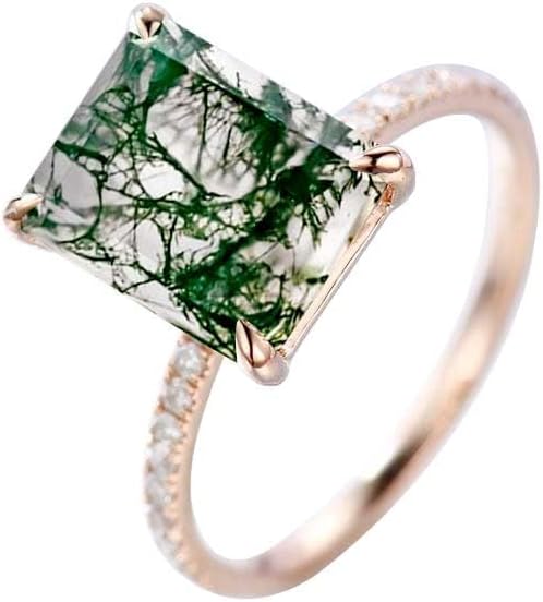Vintage Moss Agate Engagement Ring Emerald Cut Gemstone Agate Jewelry Solid 925 Sterling Silver Ring Rose Gold Cluster Aquatic Agate Promise Ring Elegant Dainty Ring Gift For Her