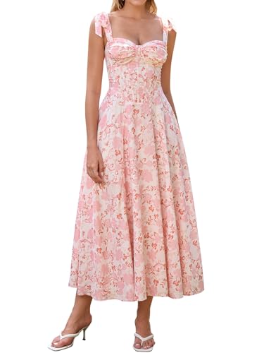Parthea Summer Floral Corset Midi Dress A Line Tie Bow