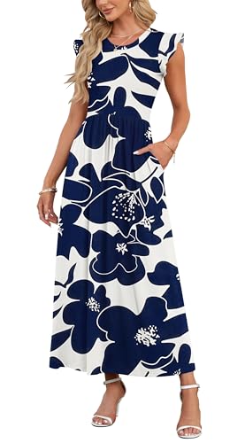 AUSELILY Damen Sommer Rundhalsausschnitt Maxi Kleid mit Taschen Kurzarm und Rüschen Lässiges Hohe Taille Langes Lockeres Bodenlanger Rock