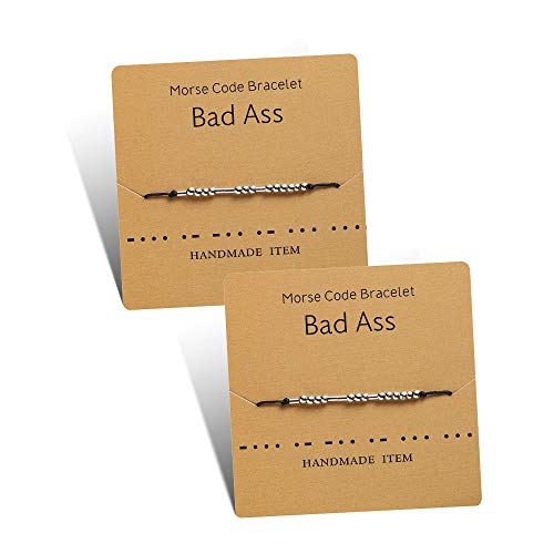 HHEE Cute Bad Ass Morse Code Bracelet Jewelry for Her Sterling Silver Beads On Silk Cord Inspirational Gifts for Women Girls
