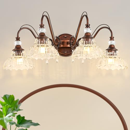 Image of Vintage Bathroom Vanity Light, 4-Light Antique Red Bronze Finish Wall Sconce with Hanging Crystal Accents and Flower-Shaped Clear Glass Shades, Retro Wall Mount Vanity Light Over Mirror for Bathroom
