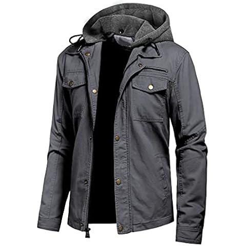 Pursky Men's Canvas Cotton Military Casual Field Jacket Outerwear With Removable Hood, Grey, XXXL Cover