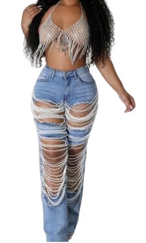 Cut Out Jeans for Women Straight Leg Mid Waisted Ripped Rhinestone Pearl Beaded Denim Pants4