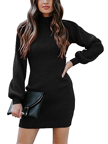 Timuspo Women's Black Jumper Dress casual Long Sleeve Turtle Neck Solid Ribbed Knitted Dress Sexy Bodycon Mini Sweater Dress