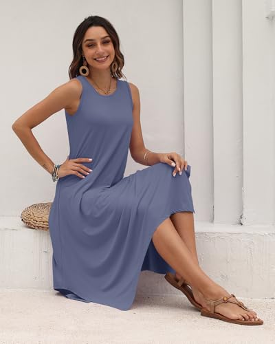 Image of AUSELILY Women's Summer Dresses Casual Sleeveless Midi Dress with Pockets | Crew neck tank dress with asymmetrical hem, ideal for beach, vacation, and daily wear