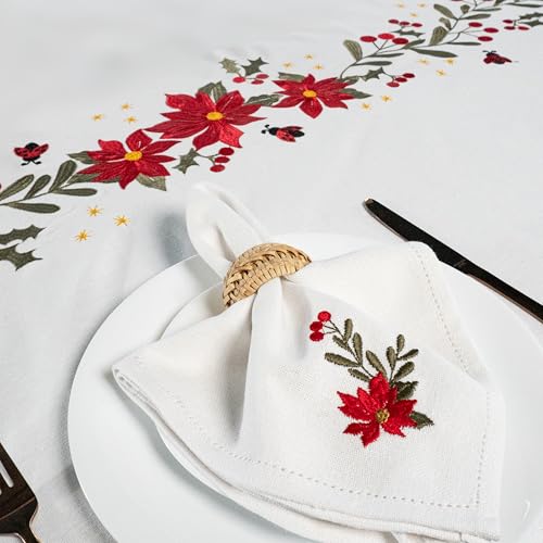 Image of Embroidered Cotton Tablecloth, Ivory Cheer, 60 x 75 in | Premium heavyweight chambray cotton, all-over embroidery, 4-seater rectangle, machine washable, elegant dining and hosting