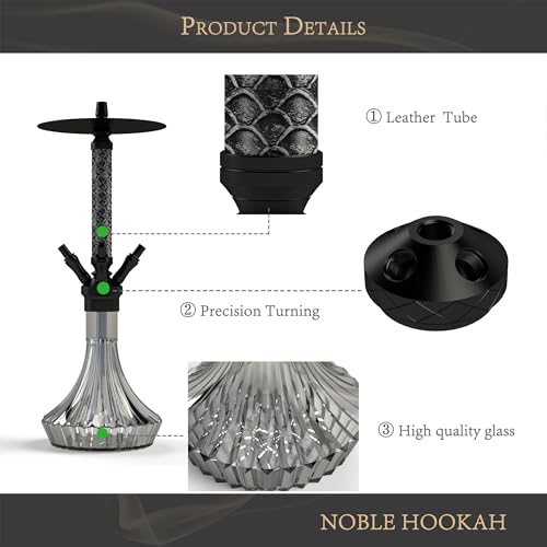 NOBLE HOOKAH Shisha Set 4 Anschlüsse Mit Lederbesatz Shisha Kopf XL Shisha 4 Schlauch aus Aluminiumrohr,Ausgestattet mit 4 Silikonschläuchen und Griff