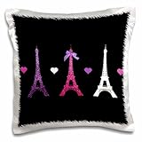 3dRose Girly Eiffel Tower - hot pink purple black Paris towers love hearts stylish French modern France - Pillow Case, 16 by 16-inch (pc_113151_1)