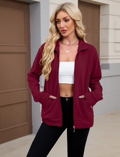 Zip Up Cardigans for Womens Ladies Lightweight Sweatshirts Long Sleeve Jumpers for Women Knitted Ribbed Tunic Blouses Womens Spring Autumn Winter Jackets Work Clothes Wine