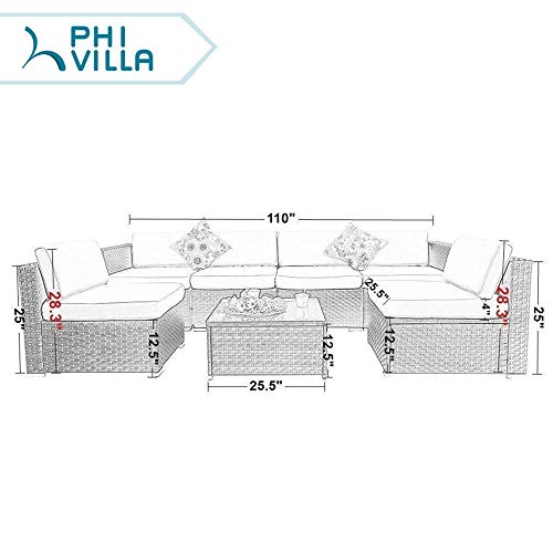 Phi Villa Outdoor Patio Rattan Sectional Sofa- Patio Wicker Furniture Sofa Set 7-Piece, Blue(Furniture Cover Included) #TOP6