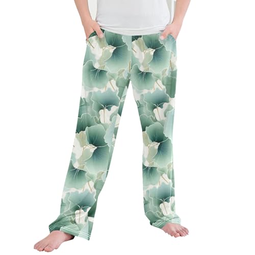 Ginkgo Biloba Green Leaf Long Pajama Pants Elastic Waist PJ Bottoms with Pockets S A110141
