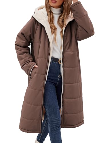 Tuopuda Winterjacke Damen Lang Warm Winter Stehkrage Teddyjacke Wasserdicht Reversibel Sherpa Daunenjacke Winddichter Daunenmantel Parka Pufferjacken Herbst Winter Geschenk...