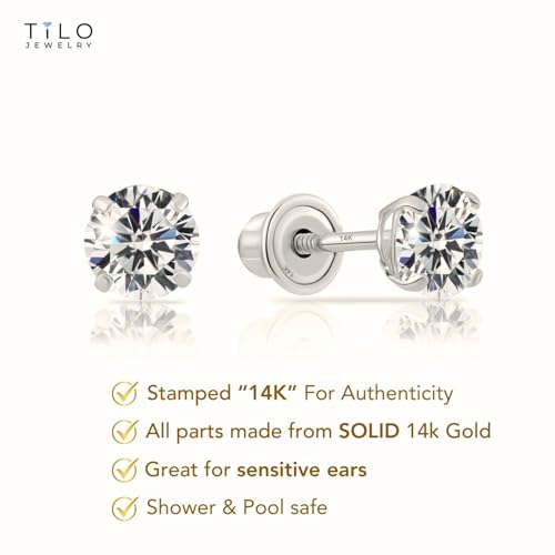 14k White Gold Solitaire Round Cubic Zirconia CZ Stud Earrings in Secure Screw-backs4