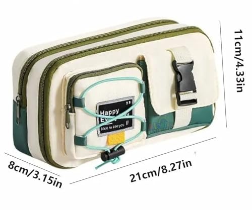 Image of Alokik Multi-Compartment Pencil Pouch Large Capacity Pen Case with Zipper & Buckle Pocket, Durable Canvas Stationery Organizer for School Office Travel, Stylish Storage Case (Green Happy Every Day)