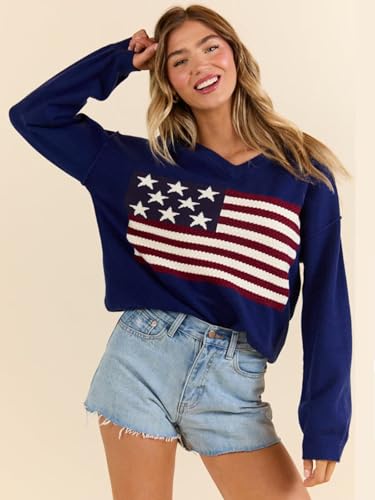 BONITEE Women's American Flag Sweaters Casual Long Sleeve V Neck Sweater USA Graphic Print Soft Loose Knit Pullover2
