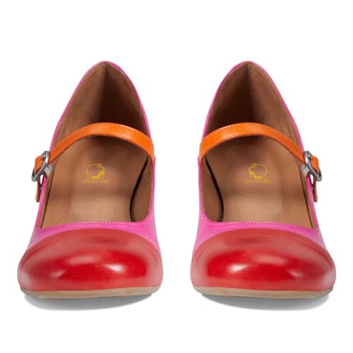 SHODENSE Women Rainbow Pumps Low Chunky Heel Mary Jane Shoes Square Cap Toe Ankle Strap Dress Pumps Two-Toned Mid Block Heel Mary Janes Lolita Shoes Multicolor Patchwork Office Wedding Party 4-11 M US3