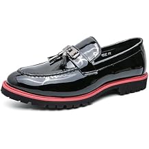 Mens Patent Leather Chain Decor Loafers Lug Sole Non-Slip Platform Tassel Dress Shoes Comfort Pointed Toe Slip-on Block Heel Oxfords for Business Driving Office Walking