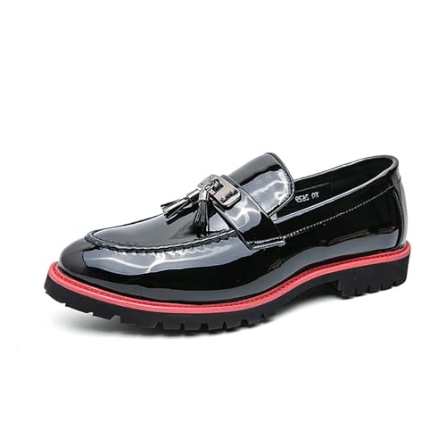Men's Patent Leather Chain Decor Loafers Lug Sole Non-Slip Platform Tassel Dress Shoes Comfort Pointed Toe Slip-on Block Heel Oxfords for Business Driving Office Walking
