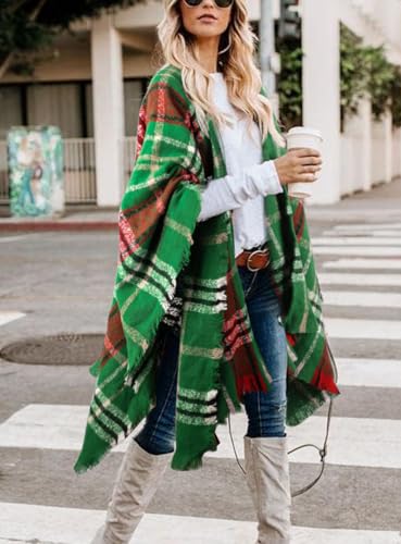 Image of Bestshe Women's Boho Open Front Poncho Plaid Shawl Wrap Cape | Tassel Cardigan Sweater, Cozy Layering, Fall Winter Clothes for Women