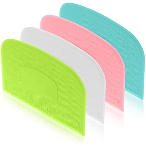 4 Piece Plastic Dough Scraper Bowl Scraper Flexible Multipurpose Food Scraper Plastic Dough Cutter for Bread Cake Dough Fondant Icing (White, Green, Blue, Pink) Cover