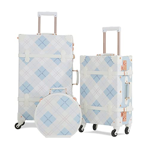 7998 Bundle Vintage Trunk Luggage Set Of 3 Piece, Retro Travel Suitcase For Women With Tsa Key Lock And Hatbox (Plaid, 26"+20"+12") #TOP29