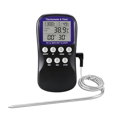Ausenzup Digital Meat Thermometer, Accurate Temperature Probe with Large LCD Screen, Timer Alarm Function, Stainless Steel Design, Professional Thermometer for Cooking, Grilling, Restaurants
