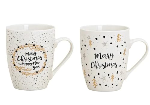 Dekohelden24 Porzellan Kaffeetasse - Becher als 2er Set, Sprüche Merry Christmas, Fassungsvermögen 300ml, Maße L/B/H 8 x 12 x 10 cm