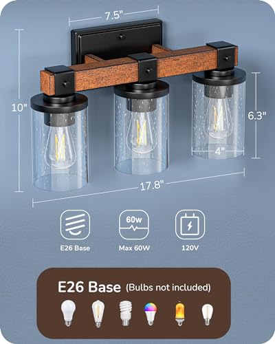 Image of EDISHINE 3-Light Painted Wood Farmhouse Vanity Light, Bubble Glass Shade | Up & Down Reversible Mounting, E26 Base, Industrial Farmhouse Design, Wall Sconces Lamp for Bedroom, Powder Room