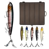 MSIZNX Topwater Plopping Lure Kit -5 Lures+5 Blades in Plastic Case, 4.7in,Adjustable for Walking Bait or Surface Tractor Action. Fishing Gifts for Men Targeting Pike, Bass, Musky in Freshwater
