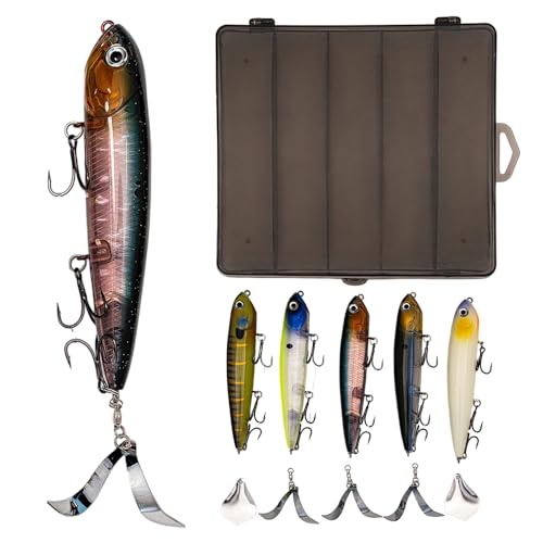MSIZNX Topwater Plopping Lure Kit -5 Lures+5 Blades in Plastic Case