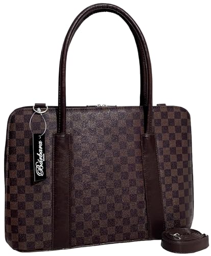 Maleta Executiva Feminina Pasta Notebook Tablet Bolsa Social Casual Laptop Ombro Transversal 14 15 15.6 15,6 16 17 Polegadas (Marrom-xadrez, Extra-Grande)