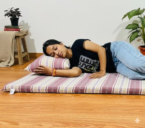 Image of Foldable Mattress Queen Bed Size 5 x 6 Feet | Soft Foam Folding Floor Sleeping Mattress with 1 Filled Pillow for Travel, Camping, Home, Yoga Hostel Guest Room PG Use | Maroon White Stripped