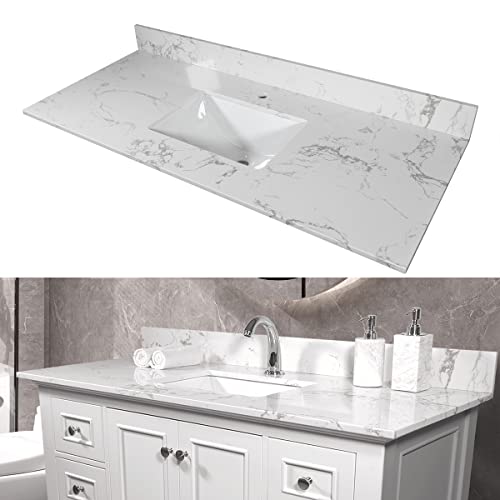 43 Inch Marble Vanity Top with Sink, Engineered Stone Vanity Sink Top with Undermount Ceramic Sink...