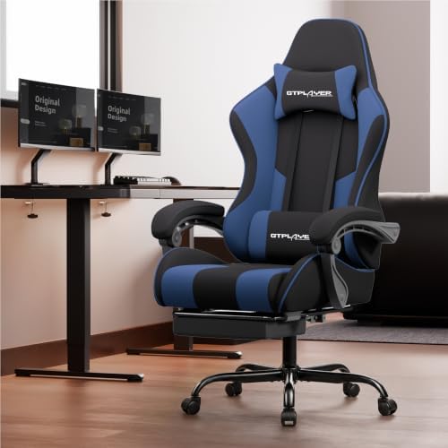 GTPLAYER Gaming Chair, Computer Chair with Footrest and Lumbar Support, Height Adjustable Game Chair with 360°-Swivel Seat and Headrest and for Office or Gaming (Blue, Fabric) - 1