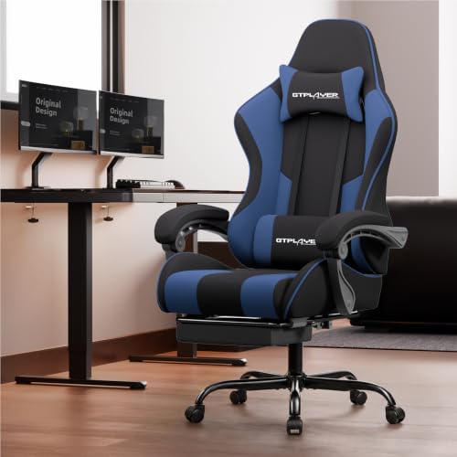 Image of GTPLAYER Gaming Chair, Computer Chair with Footrest and Lumbar Support, Height Adjustable Game Chair with 360-Swivel Seat and Headrest and for Office or Gaming (Blue, Fabric)