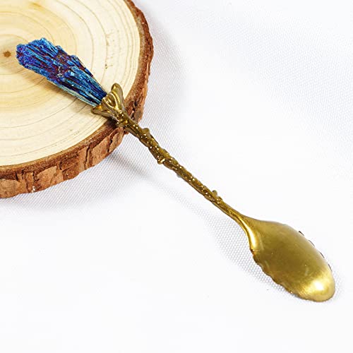 Soulnioi Vintage Carved Crystal Spoons Retro Decorative Coffee Stirring Spoons Dessert Spoons Ice Cream Spoon with Malachite Blue Flame Feather Head for Cafe Office Tableware -Brass - Image 3