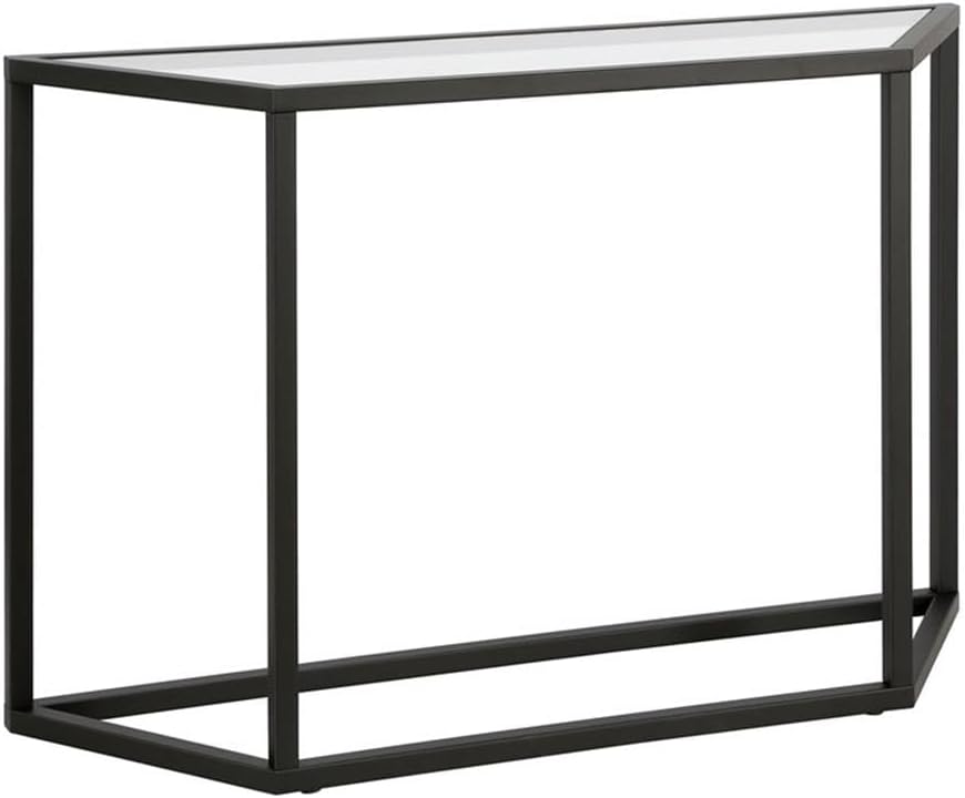 Pemberly Row Traditional Metal Console Table, Blackened Bronze Finish, Geometric Design, Tempered Glass Top and Shelf, 29 in H x 28 in W x 12 in D, Modern Entryway or Living Room Table