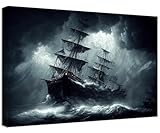 Ghost Pirate Ship Wall Art for Living Room Bedroom Home Decorations Sailing Ship Picture Poster Framed Artwork Canvas Prints Ready to Hang(28''H x 44''W)