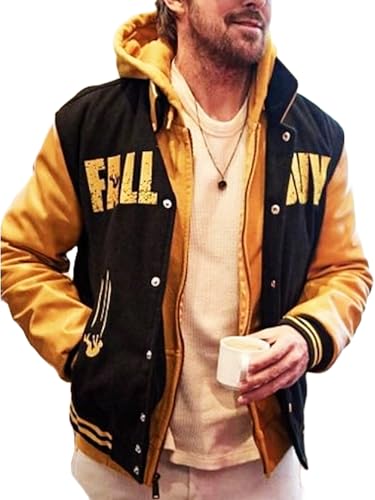Men's The Fall Ryan Guy Gosling Stuntman 2024 Letterman Black and Yellow Bomber Hooded Varsity Jacket Hood
