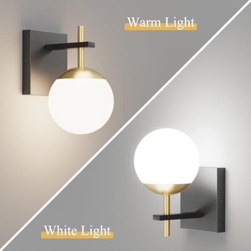 Image of Ralbay Black Gold Indoor Wall Sconces Set of 2,Mid Century Modern Bathroom Wall Lighting Fixtures Milky Glass Wall Lamp for Bedroom Living Room Vanity Hallway,Black and Gold(Exclude Bulb)