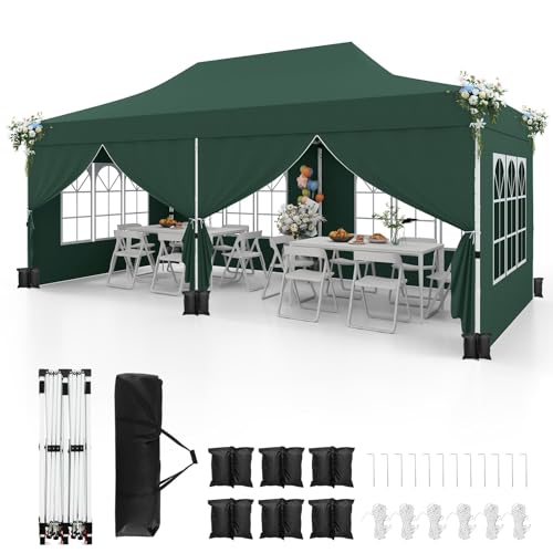 GOPLUS Tonnelle Pliante 3x6m Imperméable, Tonnelle Barnum Pliante 3x6 de Jardin Exterieur, Sac de Transport, Sac Lesté, Pavillon de Jardin Pop-Up pour Fête, Mariage (Vert|6 Bâche)