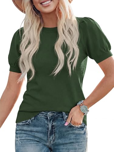 Image of PRETTYGARDEN Womens Sweaters Spring 2026 Summer Puff Short Sleeve Sweater Trendy Cute Knit Work Blouses Business Casual Tops