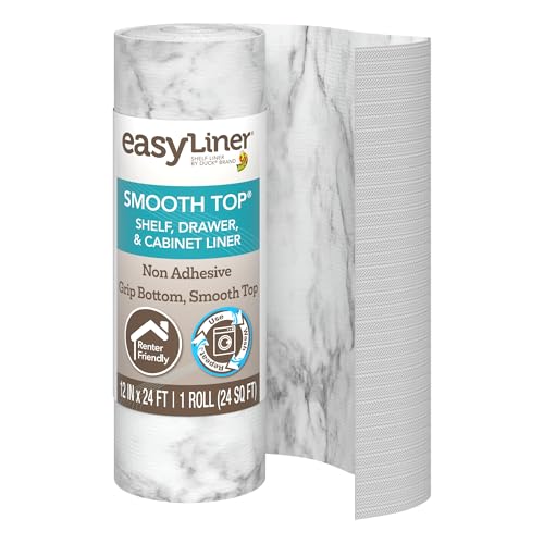 Duck Smooth Top EasyLiner for Cabinets & Drawers - Easy to Install & Cut to Fit - Shelf Paper & Drawer Liner Non Adhesive - Non Slip Shelf Liner for Kitchen & Pantry - 12in. x 24ft. - Grey Marble
