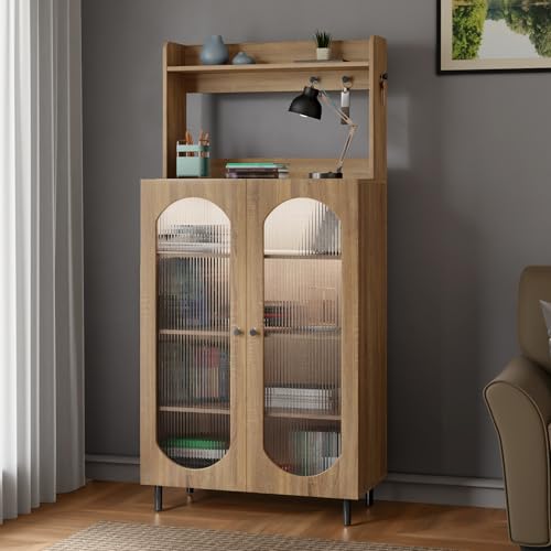Image of Rocco Stellar Bookshelf with Upper Shelf, Auto LED Lights & Acrylic Doors | Engineered Wood Bookcase | Adjustable Shelves, Scratch-Resistant | Living Room, Library & Office (Oak, Tall Size)