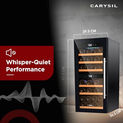 Image of Carysil Wine Chiller, Stores up to 24 Bottles, Free Standing, Dual Cooling Zone (3C-12C White & 12C-20C Red Wine), Adjustable Wooden Shelves, Toughened Glass Door, LED Display, Ideal for Home