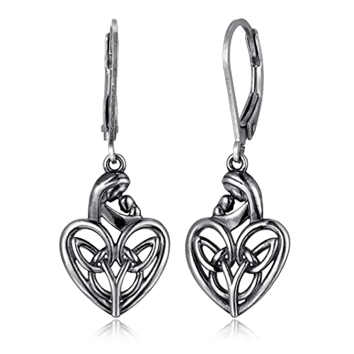 MORGAN & PAIGE .925 Sterling Silver Oxidized Mother & Offspring Celtic Knot Dangle Earrings for Women - Irish Intricate Leverback Hypoallergenic Sterling Silver Earrings, Elegant Jewelry Gift for Her